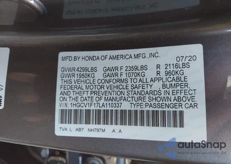 2020 Honda Accord Lx z USA, uszkodzony, nr VIN 1HGCV1F17LA110337